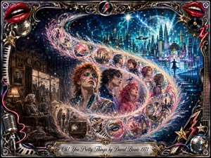 A lavish glam-rock dreamscape sweeps from a shadowed vintage interior toward a radiant futuristic city, linked by a feathered S-curve of glowing bubbles and youthful faces. Electric blues, pinks, gold, and chrome shimmer under theatrical light, while lips, stars, instruments, vinyl, and ornate metallic framing create a surreal, celebratory mood.