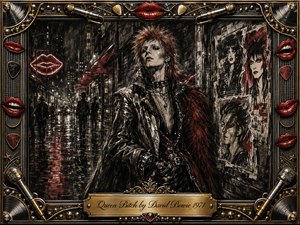 A defiant glam-rock figure strides through a rain-slicked city night, surrounded by torn posters, shadowy pedestrians, and glowing red accents. Deep charcoal textures, metallic highlights, and dramatic lighting create a rebellious, seductive mood. An ornate chrome-and-gold frame with lips, microphones, records, and guitar details completes the theatrical composition.