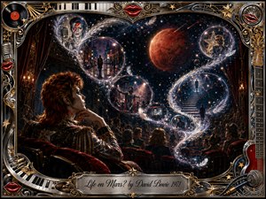 A contemplative glam-rock figure sits in a velvet theater, gazing into a surreal cosmic vision where glowing bubbles spiral in an S-curve toward a crimson Mars. Midnight blues, reds, silver, and gold shimmer under cinematic light. An ornate music-themed frame of chrome, piano keys, guitars, stars, lips, and filigree completes the dreamlike digital painting.