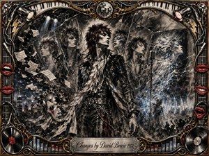 A dramatic glam-rock figure stands amid fractured mirrors, shifting reflections, torn papers, and smoky stage imagery, suggesting transformation and reinvention. Deep charcoal textures dominate, accented by crimson, silver, and electric blue. Ornate chrome-and-gold framing incorporates piano keys, vinyl records, red lips, cables, spotlights, and a centered engraved title plate.