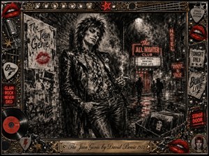 A brooding glam-rock figure leans against a graffiti-covered alley wall beneath smoky club lights, surrounded by neon signs, vinyl records, posters, and wet pavement reflections. Deep feathered charcoal dominates, sharpened by crimson accents and metallic highlights. An ornate chrome-and-gold memorabilia frame and engraved title plate complete the gritty, decadent 1970s atmosphere.