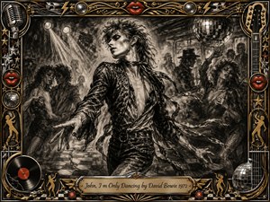 A glamorous androgynous dancer commands a smoky 1970s nightclub, surrounded by shadowy figures, spotlights, and a mirrored disco ball. Deep feathered charcoal textures create dramatic movement, softened by gold, chrome, and red accents. An ornate musical frame of lips, records, guitars, stars, and decorative metalwork heightens the theatrical energy.