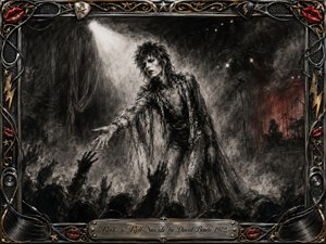 A solitary glam-rock performer reaches toward a shadowed crowd beneath a stark white spotlight, surrounded by smoky stage haze and faint crimson glow. Deep feathered charcoal textures create a tragic, intimate mood, while an ornate chrome-and-gold frame features red lips, cables, stars, speaker details, and an engraved title plate.