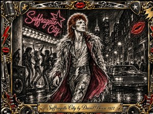 A flamboyant glam-rock figure strides through a rain-slicked midnight city, surrounded by cheering dancers, neon lights, towering buildings, and a vintage car. Deep charcoal textures contrast with vivid crimson, chrome, and gold accents. An ornate music-themed frame of guitars, microphones, stars, speakers, and red lips completes the rebellious theatrical mood.