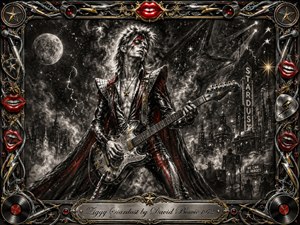 A fierce glam-rock figure stands center stage with an electric guitar beneath a stormy cosmic sky of stars, smoke, and lightning. Deep charcoal textures dominate, sharpened by silver, gold, and vivid red accents. An ornate music-themed frame surrounds the scene, while dramatic spotlights and a sculpted title plate intensify the theatrical, otherworldly mood.