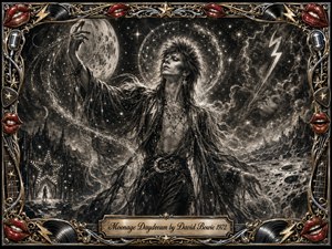 A celestial glam-rock figure rises against a cratered moon and turbulent star field, surrounded by swirling cosmic dust, lightning, and dreamlike halos. Deep feathered charcoal textures create a mysterious, theatrical mood, while chrome, gold, and vivid red accents illuminate the ornate musical frame, culminating in an engraved title plate.