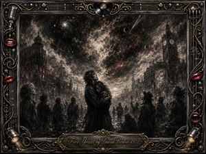 A haunting charcoal cityscape shows an embracing couple amid a stunned crowd beneath a turbulent cosmic sky of stars, planets, smoke, and crimson embers. Gothic buildings and a clock tower frame the apocalyptic scene, while dramatic chiaroscuro heightens the grief. An ornate chrome-and-gold musical border with red lips surrounds the artwork.