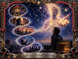 A young listener sits beside a glowing vintage radio on a twilight rooftop, gazing toward a radiant celestial figure emerging from a star-filled sky. Golden cosmic ribbons form an S-shaped sequence of dreamlike scenes above the city. Deep blues, violet, chrome, and warm amber create a luminous, surreal glam-rock atmosphere within an ornate musical frame.