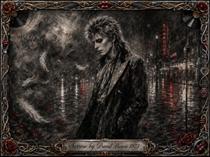 A solitary glam-rock figure stands on a rain-soaked city street, surrounded by smoky memories, drifting feathers, and glowing reflections. Deep charcoal textures dominate, accented by crimson neon, roses, and metallic highlights. An ornate chrome-and-gold musical frame encloses the melancholic scene, with a centered engraved title plate completing the dramatic noir composition.