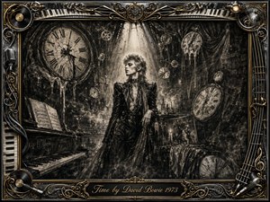 A solitary glam-rock figure stands beneath a stark spotlight in a surreal cabaret filled with cracked, melting clocks, drifting smoke, piano keys, and hanging gears. Deep charcoal blacks and silvery grays create a theatrical, haunted mood, while ornate chrome and gold musical details frame the composition with decadent, timeworn elegance.