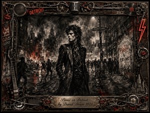 A brooding glam-rock figure stands amid a chaotic Detroit street, surrounded by crowds, smoke, fire, wet pavement, graffiti, and looming buildings. Deep feathered charcoal dominates the gritty composition, punctuated by ember-red neon and flames. An ornate industrial frame of chrome, wires, records, and musical hardware completes the tense, cinematic artwork.