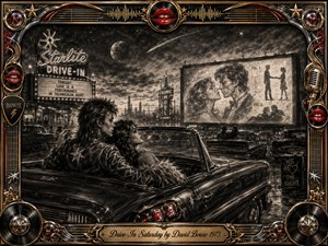 A charcoal-rendered retro drive-in glows beneath a starry, smoky sky as a glamorous couple lounges in a vintage convertible facing a romantic movie screen. Deep blacks, silvery highlights, chrome reflections, and vivid red lips create a moody glam-rock atmosphere, framed by ornate gold, vinyl, microphone, guitar-string, and neon-inspired details.