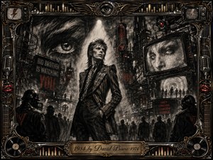 A lone glam-rock figure stands beneath harsh surveillance lights in a dystopian city crowded with shadowed citizens, propaganda screens, watchful eyes, and industrial towers. Deep feathered charcoal textures dominate, accented by crimson warnings and metallic highlights. An ornate chrome-and-gold musical frame surrounds the tense, theatrical scene, with the engraved title plate below.