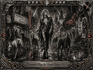 A fierce glam-rock figure strides through a ruined nocturnal city, surrounded by lean, prowling dogs beneath broken neon signs and smoky towers. Deep charcoal textures, wet pavement, silver highlights, and restrained crimson accents create a decadent, menacing atmosphere. An ornate chrome-and-gold frame with chains, studs, diamonds, and red lips completes the theatrical composition.