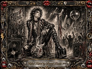 A rebellious glam-rock figure poses with an electric guitar in a gritty club, surrounded by brick walls, stage lights, speakers, chains, and a cheering crowd. Deep charcoal textures dominate, accented by red lips, gold trim, and metallic details. Dramatic spotlights create a smoky, theatrical mood within an ornate rock-themed frame.