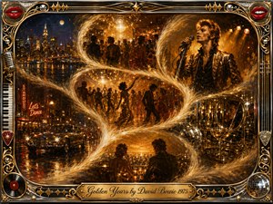 A luminous golden collage captures glamorous 1970s nightlife through flowing S-curves of feathered light. Bowie performs beneath amber spotlights while dancers, city streets, mirrored interiors, and intimate scenes shimmer around him. Rich gold, bronze, chrome, and midnight blue create a nostalgic, cinematic mood, framed by ornate musical motifs and a polished title plate.