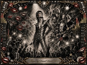 A solitary glam-rock figure stands beneath harsh spotlights amid a frenzy of photographers, raised hands, shattered mirrors, vinyl records, and floating red lips. Deep charcoal blacks and smoky grays dominate, accented by crimson and gold. The ornate musical frame, metallic details, dramatic shadows, and fragmented reflections create a glamorous yet unsettling vision of fame.