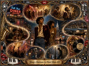 A glamorous 1970s city-night collage follows stylish young figures through neon diners, soulful performances, dancing crowds, vintage cars, and reflective streets. Warm gold, burgundy, blue, and chrome glow beneath smoky cinematic lighting. Feathered S-curves link nostalgic scenes, while an ornate musical frame and engraved title plate complete the richly detailed composition.