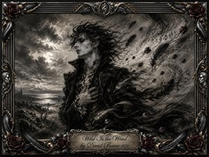 A windswept, androgynous figure stands beneath a stormy moonlit sky, clutching their chest as dark feathers, rose petals, and musical notes spiral through the air. Deep charcoal textures, smoky grays, black shadows, and muted crimson roses create a romantic gothic mood, enclosed by an ornate metallic frame with engraved title plate.