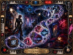 A surreal glam-rock television studio unfolds in electric blues, magentas, gold, and chrome, where a shadowy performer stands amid smoke, spotlights, and retro broadcast equipment. Glowing bubbles sweep in an S-curve through microphones, dancers, keyboards, waveforms, and vintage screens, framed by ornate musical machinery and vivid red lips.