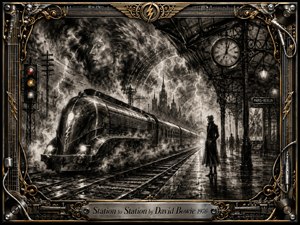 A sleek train emerges through swirling charcoal smoke into a shadowy European station, where a solitary figure waits beneath an antique clock. Deep blacks, silver grays, wet reflections, and glowing signals create a tense, dreamlike mood. Ornate chrome-and-gold musical details frame the scene, blending Art Deco elegance with industrial mystery.