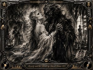 An elegant woman and a shadowy beast dance closely inside a decadent, candlelit chamber, creating a tense blend of romance and menace. Deep charcoal textures, smoky blacks, pale highlights, and subtle gold accents shape the dramatic composition. An ornate music-themed frame, vinyl records, roses, stars, and engraved title plate complete the theatrical glam-rock atmosphere.