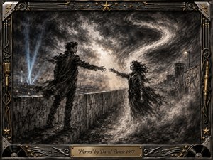 Two windswept figures reach toward one another across a graffiti-scarred concrete divide beneath a turbulent charcoal sky. Smoky grays, black textures, faint blue beams, and warm city lights create a dramatic, hopeful mood. An ornate chrome-and-gold musical frame, vinyl accents, stars, and engraved title plate complete the cinematic composition.