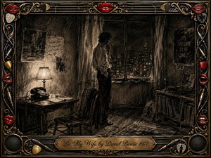 A solitary figure stands beside a nighttime apartment window, surrounded by deep charcoal shadows, worn furnishings, a glowing table lamp, telephone, records, and scattered memories. Warm sepia highlights soften the stark monochrome scene, creating a mood of loneliness and yearning. An ornate gold-and-chrome music-themed frame, red lips, cables, picks, and engraved title plate complete the vintage composition.