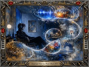 An androgynous listener sits quietly in a cool blue room as luminous feathered bubbles sweep through the scene in an elegant S-curve, carrying waveforms, studio imagery, glowing memories, and abstract color. Rich mixed-media textures, silver, cobalt, gold, and warm amber light create a dreamlike mood, enclosed by an ornate music-themed metallic frame.