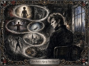 A brooding Bowie-like figure sits in a shadowy studio, confronting an S-shaped spiral of fractured memories: stage performances, a cracked reflection, drifting feather, city skyline, dancers, and a dissolving clock. Charcoal textures, smoky blacks, silver-gray light, muted blue, red, and gold accents create a haunting, theatrical composition within an ornate musical frame.