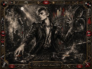 A charismatic DJ dominates a smoky late-1970s nightclub, poised between turntables, microphone, speakers, and shadowy dancers. Deep feathered charcoal creates dramatic texture and restless motion, while red, chrome, and gold accents punctuate the monochrome scene. An ornate music-themed frame surrounds the theatrical composition, finished with an engraved Bowie title plate.