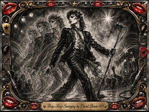 A swaggering glam-rock performer strides across a smoky stage, gripping a microphone stand as ghosted figures trail behind in rhythmic motion. Deep charcoal textures, silvery grays, dramatic spotlights, and sweeping sound-wave lines create theatrical energy. An ornate chrome-and-gold frame, bright red lips, guitar picks, cables, and an engraved title plate complete the composition.