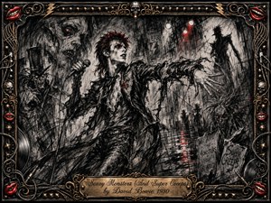 A gaunt glam-rock singer commands a nightmarish urban stage, surrounded by looming monsters, shadowy creeps, torn posters, and glowing red eyes. Feathered charcoal textures create frantic movement in black, gray, and crimson. Harsh spotlights pierce the smoky darkness, while an ornate metal frame of skulls, cables, red lips, studs, and gold detailing completes the theatrical horror.