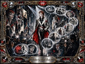 A glamorous androgynous figure strides through a rain-slicked urban runway, surrounded by photographers, fractured mirrors, fashion portraits, and glowing memory bubbles. Silver, black, gold, and vivid red dominate beneath dramatic spotlights. The ornate rock-inspired frame blends chrome, lips, records, guitar details, and neon into a sophisticated mixed-media collage.