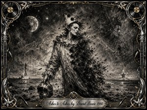 A solitary Pierrot-like figure dissolves into ash on a bleak shoreline beneath a dark moon and star-filled sky. Deep charcoal textures, smoky grays, cracked reflections, drifting feathers, and a distant rocket create a haunting, dreamlike mood. An ornate chrome-and-gold musical frame surrounds the scene, with the engraved title plate below.