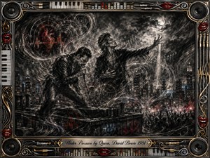 A dramatic charcoal cityscape shows two impassioned performers on a rooftop, surrounded by swirling sound waves, storm clouds, and a distant cheering crowd. Deep blacks, smoky grays, silver highlights, and restrained red accents create intense pressure and urgency, while the ornate chrome-and-gold music-themed frame adds theatrical rock grandeur.