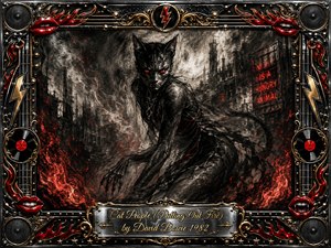 A shadowy feline humanoid crouches amid a ruined industrial city, surrounded by smoke, embers, and curling crimson flames. Deep feathered charcoal textures create a menacing, nocturnal mood, while glowing red eyes pierce the darkness. An ornate chrome-and-gold rock-inspired frame, red lips, records, lightning bolts, and engraved title plate complete the composition.