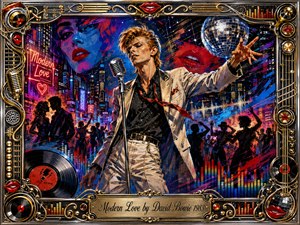 A stylish Bowie-inspired singer commands a neon-lit 1980s city nightlife scene, surrounded by dancing silhouettes, vinyl records, glowing lips, sound waves, and a mirrored disco ball. Electric blues, reds, magentas, chrome, and gold create energetic contrast, while dramatic stage lighting and painterly textures blend pop-art glamour with romantic urban excitement.