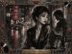 A contemplative woman sits against a rain-soaked neon cityscape, her vivid red lips contrasting with deep charcoal shadows. Reflections, blurred lights, and a distant male silhouette create a romantic, uneasy mood. An ornate chrome-and-gold music-themed frame surrounds the textured artwork, with vinyl records, strings, lips, and a microphone.