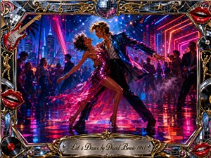 A glamorous dancing couple sweeps across a neon-lit nightclub floor, surrounded by silhouetted revelers, musicians, city lights, and shimmering reflections. Electric blues, magentas, reds, and golds create an exuberant 1980s mood. A richly detailed digital-painting style, dramatic lighting, disco imagery, ornate chrome-gold framing, and engraved title plate complete the scene.