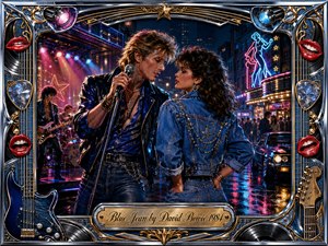 A glamorous 1980s rock singer leans toward a confident woman in blue denim outside a neon-lit nightclub, surrounded by musicians, crowds, and rain-slick streets. Electric blue, magenta, chrome, and gold dominate the vivid digital painting, while ornate guitars, records, red lips, stage lights, and engraved framing amplify its playful romantic energy.