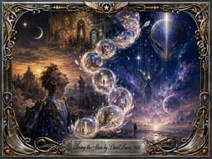 A solitary, Bowie-like figure gazes upward across a surreal twilight landscape where glowing feathered bubbles spiral toward a serene alien presence among stars and violet nebulae. Warm golds blend into deep blues and silvers, while ruins, angels, planets, and sacred imagery create a mystical, cinematic collage framed in ornate chrome and gold.