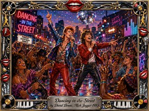 Two flamboyant rock singers command a neon-lit city street as a jubilant crowd dances beneath a sparkling disco ball. Vivid reds, electric blues, pinks, and golds glow across confetti, speakers, and wet pavement. A richly detailed digital-painting style and ornate chrome-and-gold musical frame amplify the energetic 1980s celebration.