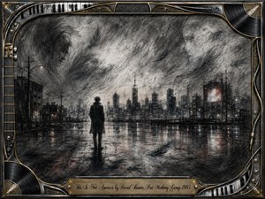 A solitary figure stands before a distant city skyline reflected across rain-dark pavement, surrounded by drifting featherlike shadows and smoky charcoal clouds. The mood is haunting, alienated, and contemplative, rendered in deep blacks, silvery grays, and faint crimson highlights. An ornate chrome-and-gold musical frame reinforces the cinematic, nocturnal atmosphere.