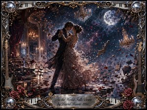 A romantic couple dances amid a grand ballroom dissolving into a star-filled cosmos, surrounded by drifting chandeliers, shattered stone, and rose petals. Warm candlelight contrasts with cool moonlight and deep blues, creating a tender, dreamlike melancholy. Ornate chrome-and-gold musical framing, roses, piano keys, guitars, and mirrored details complete the richly cinematic digital painting.