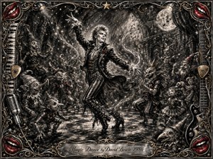 A flamboyant dancer commands a fantastical charcoal ballroom, surrounded by mischievous puppet-like creatures swirling through music, smoke, and sparkling light. Deep blacks and silvery grays dominate, accented with crimson and gold. Dramatic spotlighting heightens the theatrical mood, while an ornate musical frame and engraved title plate complete the richly textured composition.
