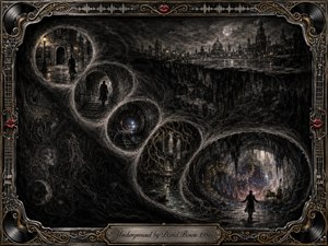 A mysterious lone figure descends through a surreal underground world of tunnels, stairs, rails, roots, ruins, and glowing caverns. Deep feathered charcoal textures dominate, accented by muted gold, silver, blue, and crimson light. Circular scenes curve in an S-shape, framed by ornate musical metalwork, vinyl motifs, strings, and red lips.