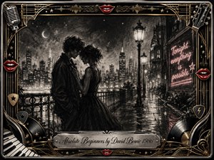 A tender young couple stands close on a rain-slicked city promenade beneath glowing streetlamps and a crescent moon. Deep charcoal textures create a romantic, wistful noir mood, accented by soft pink neon, red lips, chrome, and gold. An ornate music-themed Art Deco frame surrounds the scene, with an engraved title plate below.