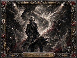 A solitary rock figure stands beneath a storm of feathered charcoal and ghostlike light, framed by a nocturnal city and stage lights. Deep blacks, silvers, smoky grays, and crimson accents create dramatic tension, while an ornate chrome-and-gold music-themed border surrounds the expressive, cinematic composition with microphones, strings, lips, and metallic details.