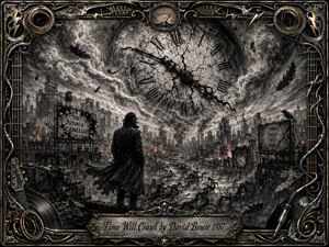 A lone figure overlooks a ruined industrial city beneath an enormous cracked clock, as smoke, ash, feathers, and shadowy forms sweep through the streets. Deep charcoal textures, silver-gray tones, faint ember light, and dramatic contrasts create an ominous mood, framed by ornate chrome, gold inlay, musical hardware, cables, and engraved metalwork.